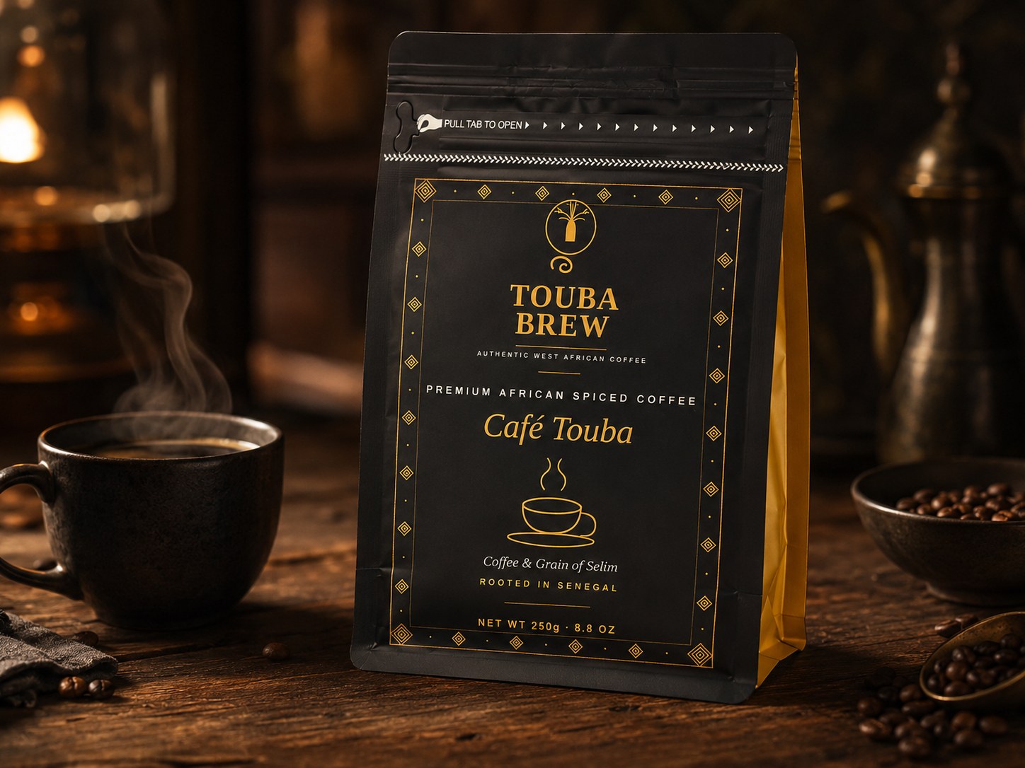 TOUBABREW premium African spiced coffee at golden hour