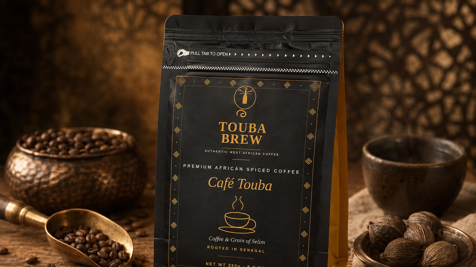 TOUBABREW coffee, cup and spices flat lay