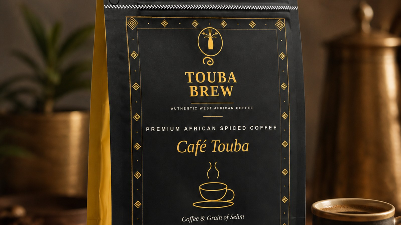 TOUBABREW premium African spiced coffee pouch with a cup of Café Touba